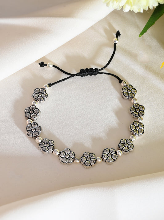 Silver-plated Flower & Beads  black traed Anklet