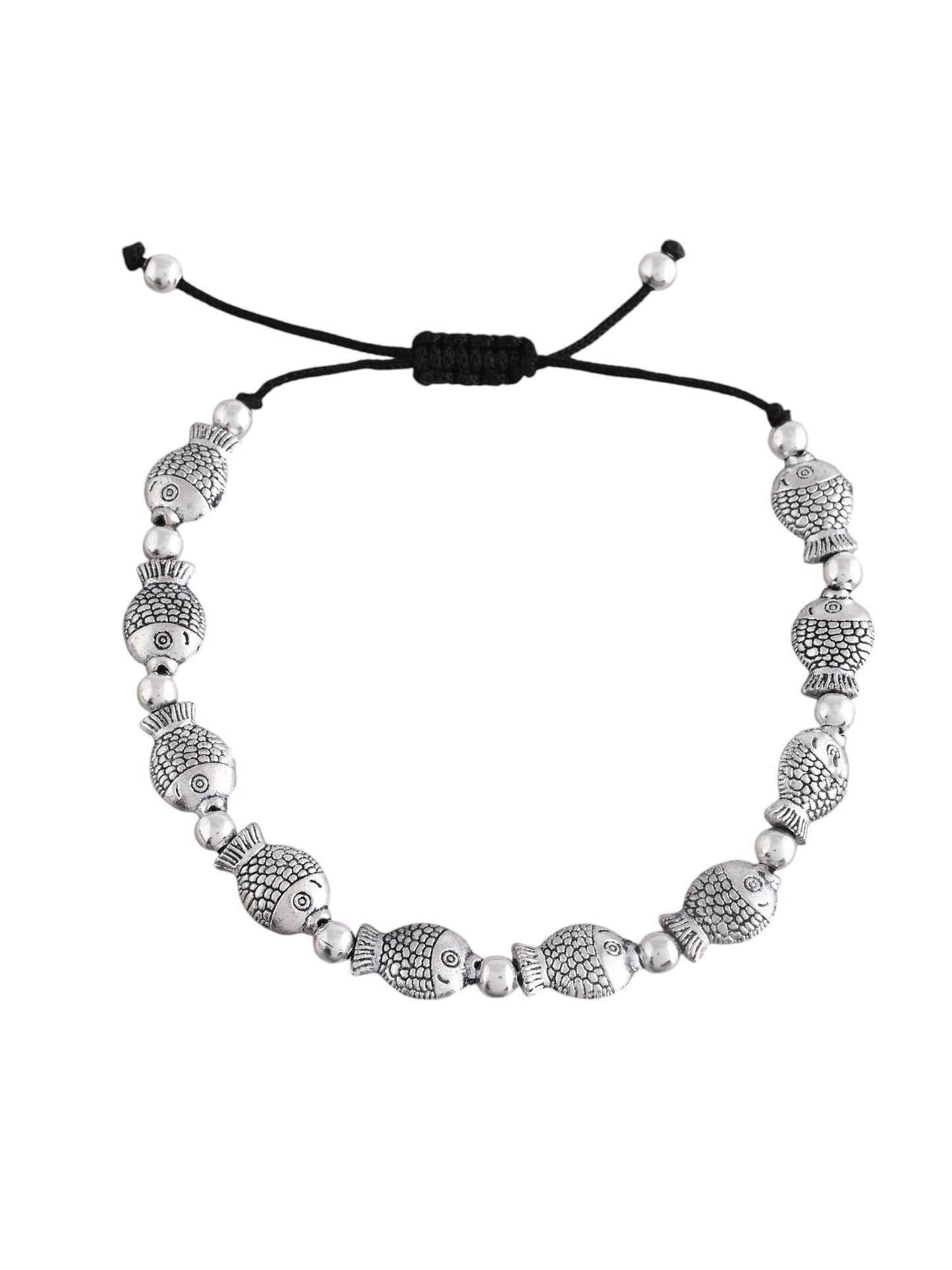 Silver- plated Fish & Beads Black traed Anklet