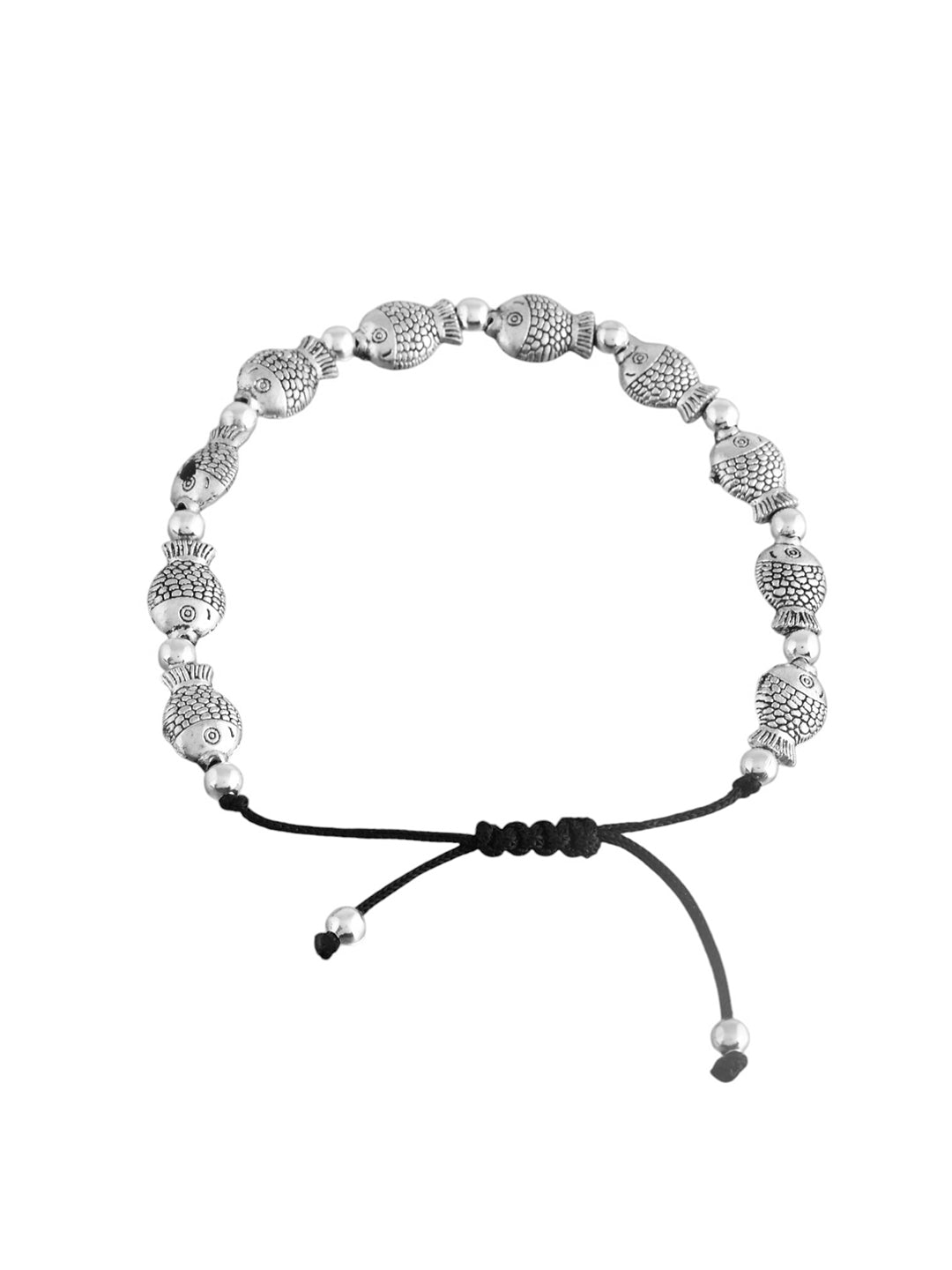 Silver- plated Fish & Beads Black traed Anklet