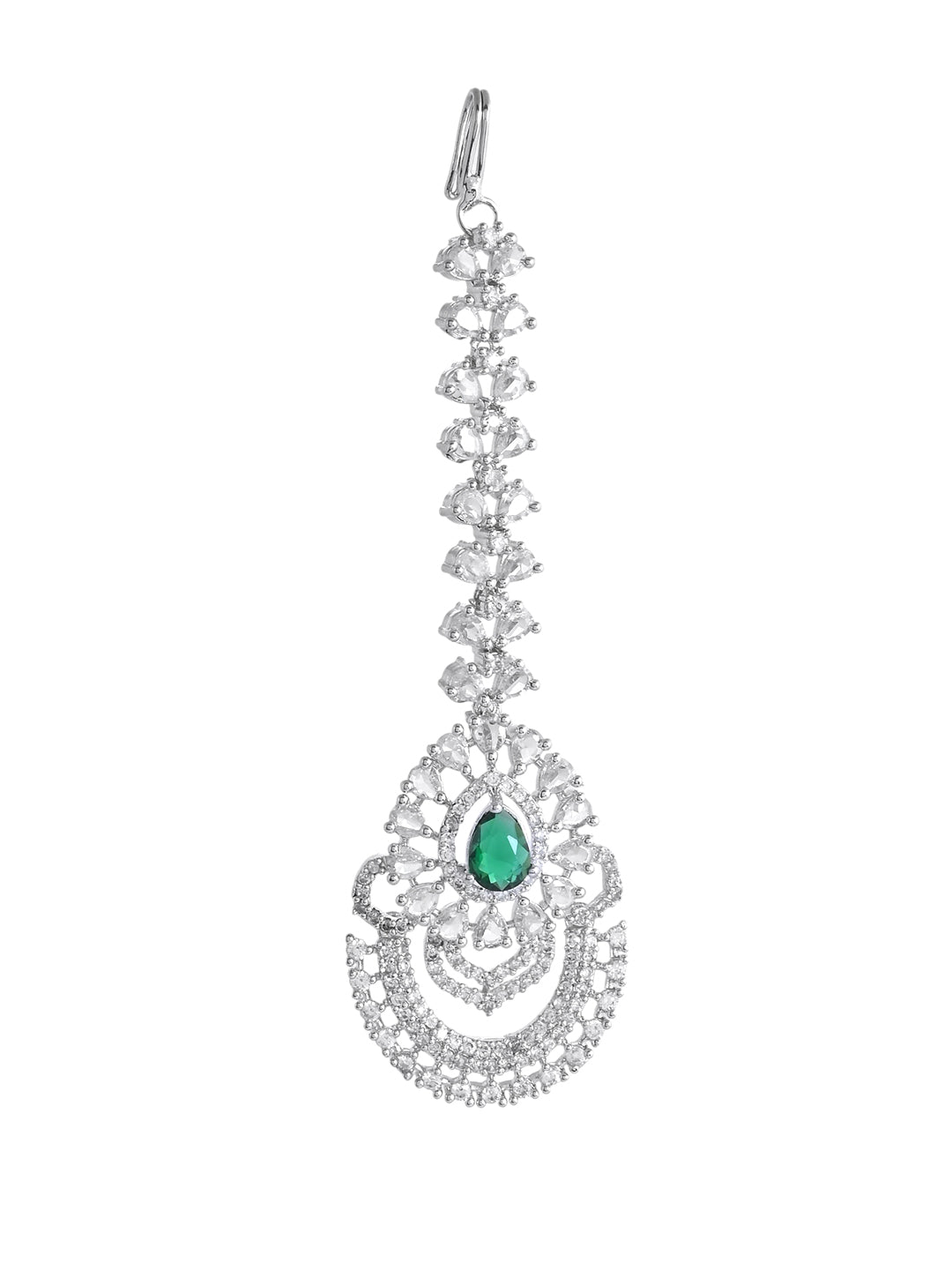 Bridal American Diamond Green Stone Maangtika For Women