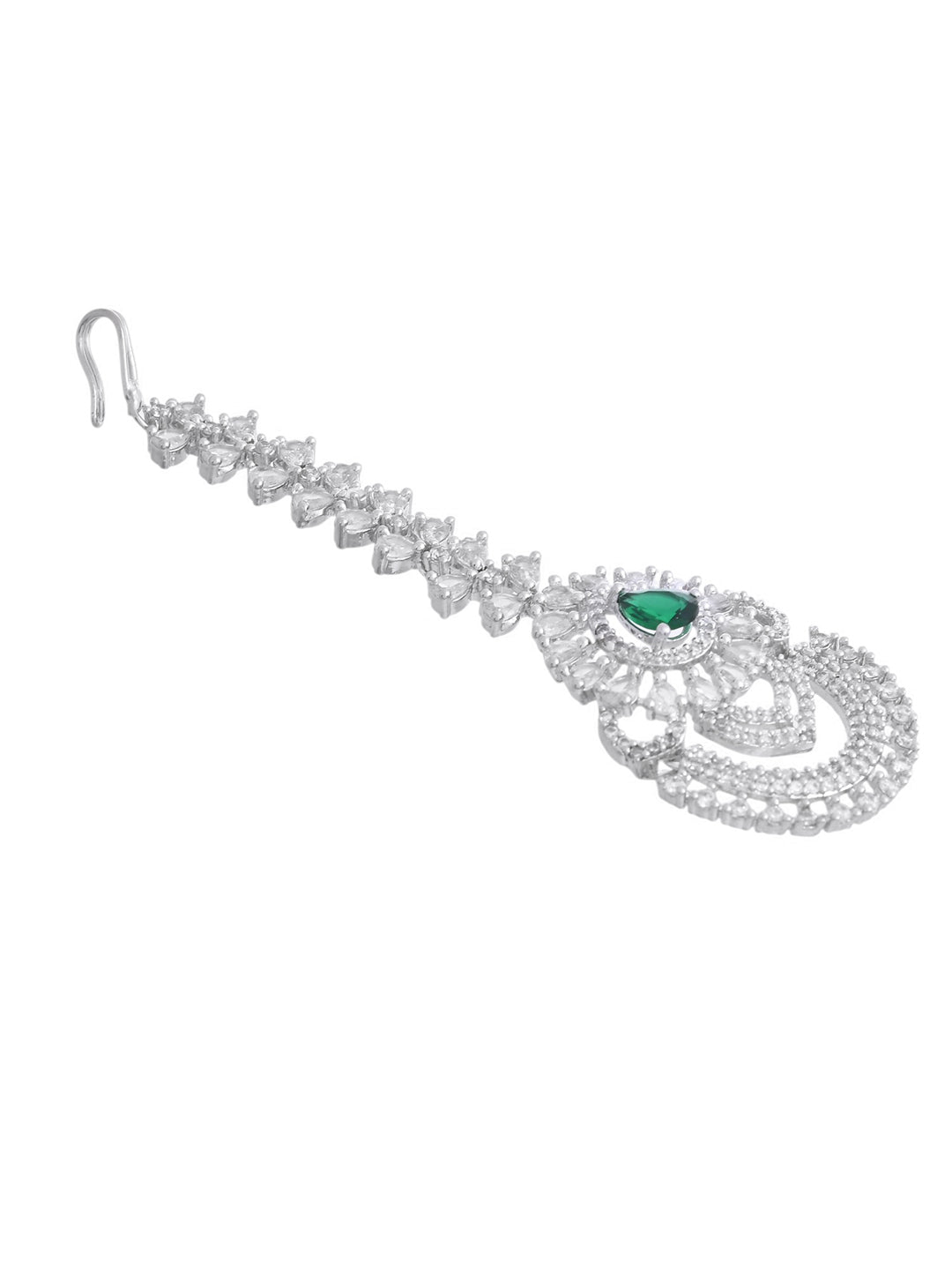Bridal American Diamond Green Stone Maangtika For Women