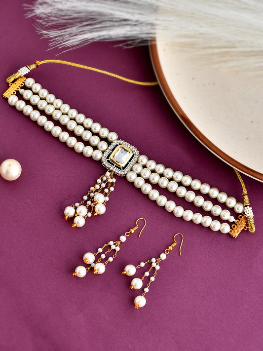Pearl Kundan Brooch Choker Jewellery Set