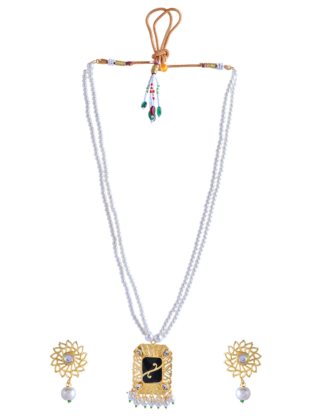 Black & Gold Pearl Beaded Necklace Set with Kundan Pendant and Earrings for Women