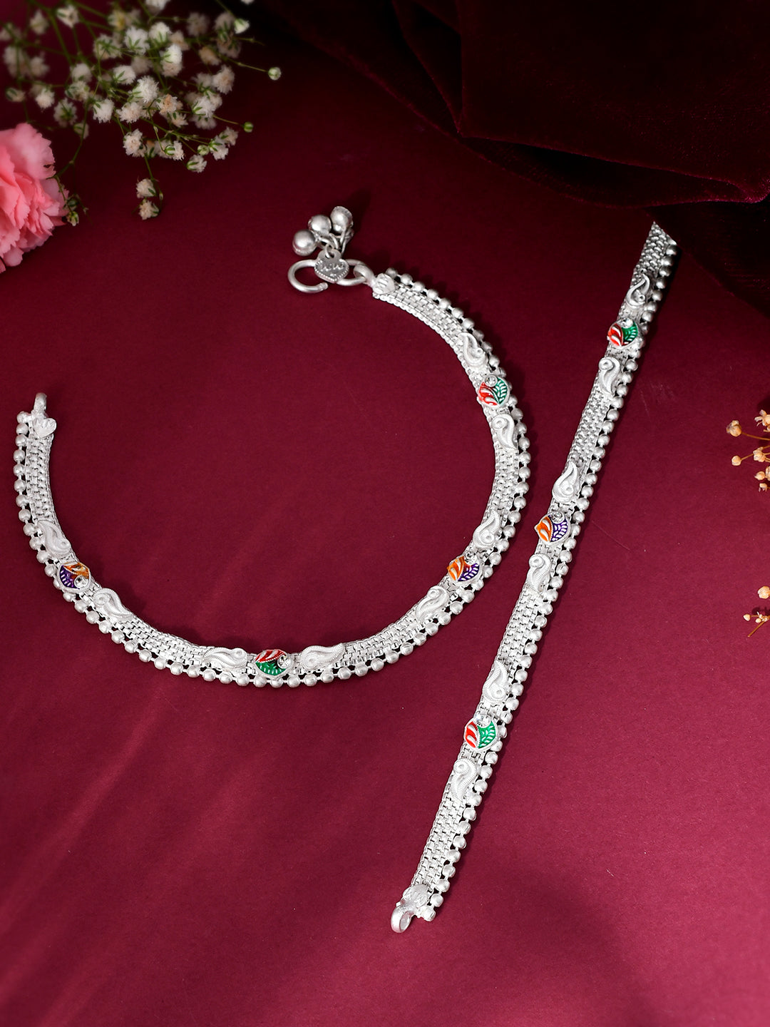 Traditional Silver-Plated Anklets For Women | Payal With Colorful Stones | Ethnic Foot Jewellery
