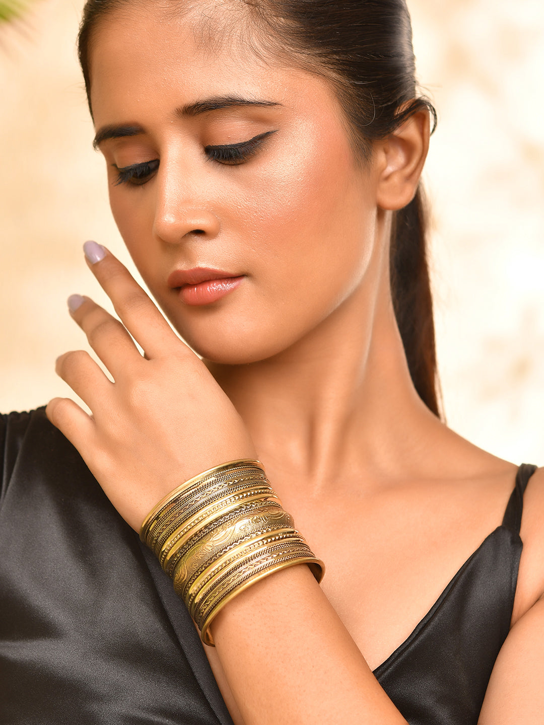 Antique Gold Wide Cuff Bracelet For Women | Boho Statement Kada