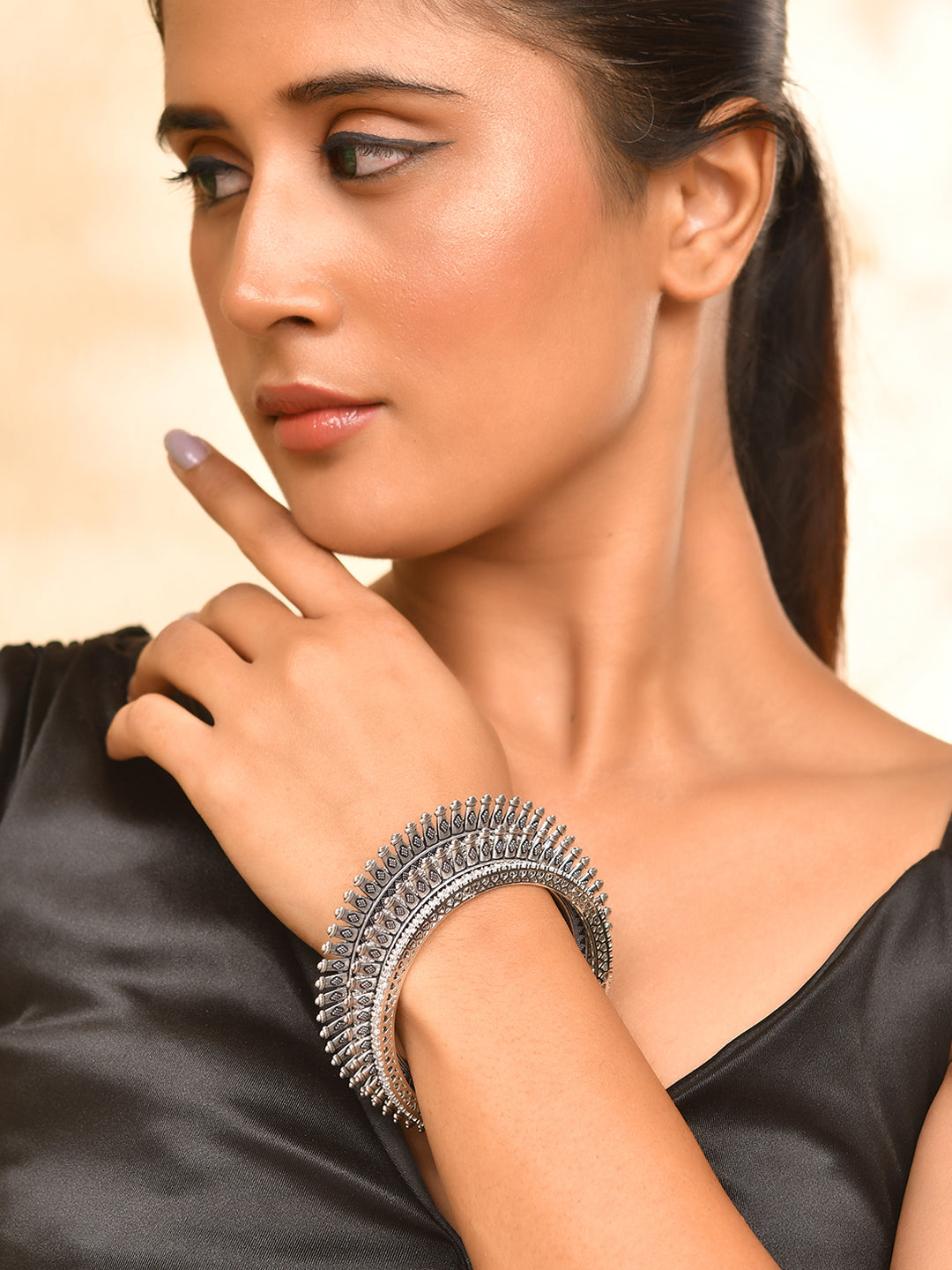 Oxidised Silver Antique Temple Design Bangle Set For Women & Girls | Traditional Statement Kada