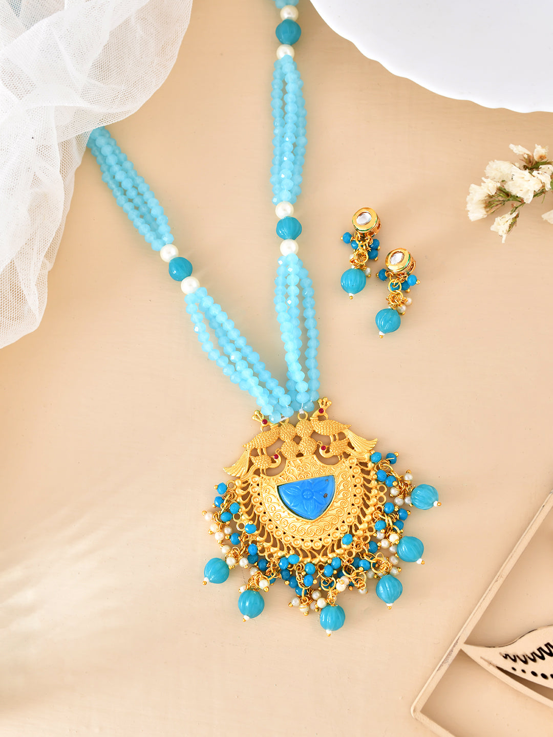 Gold-Plated & Blue Beaded Necklace and Earrings