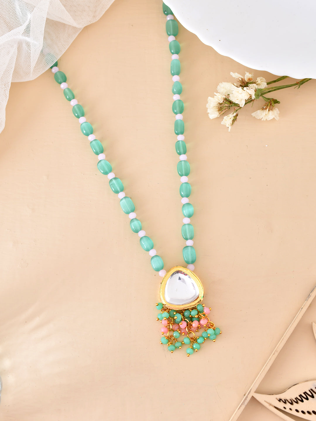 Green Gemstone Necklace with Floral Pendant For Women