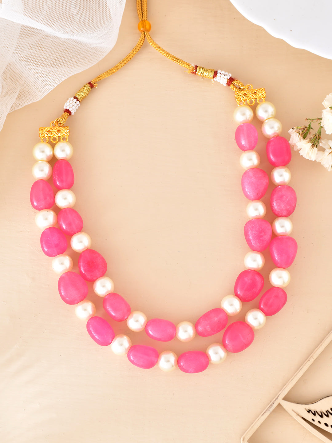 Pearl and Pink Beaded Necklace For Women & Girls