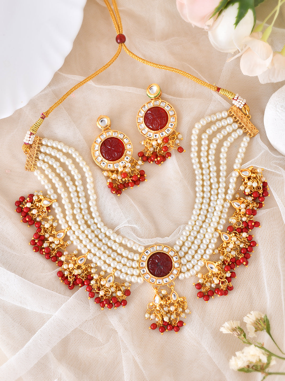 Ethnic Kundan & Pearls Multi Layers Bridal Necklace Set For Women