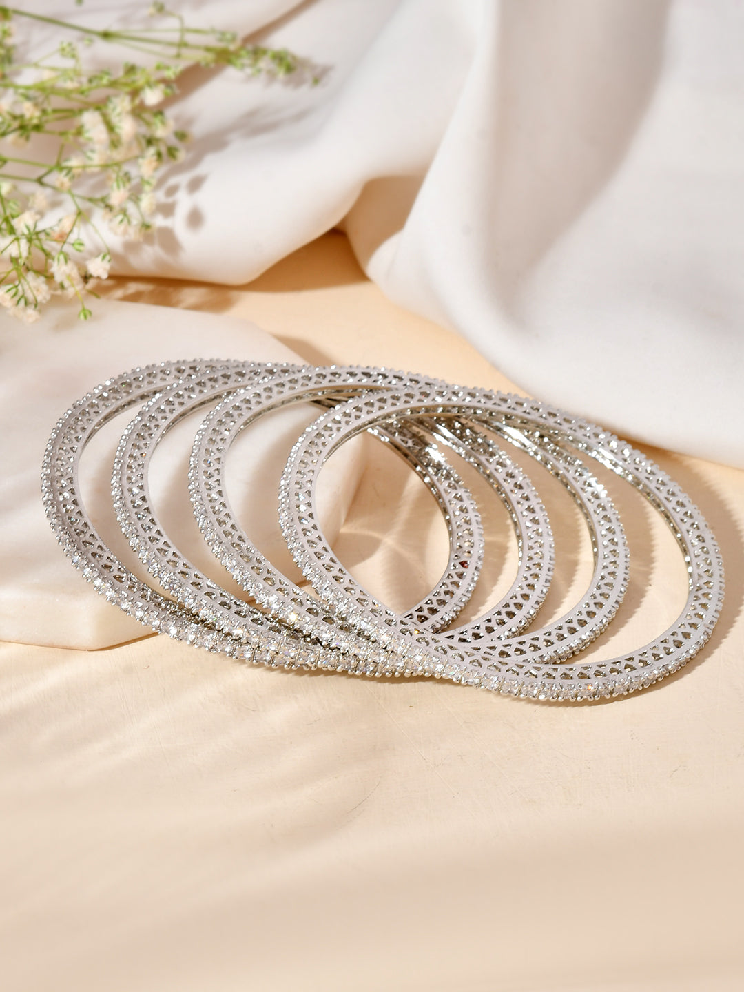 Silver-Plated Crystal Stone AD Bangles Set For Women | Party & Wedding Wear Jewellery |  Diamond Look Kada Set