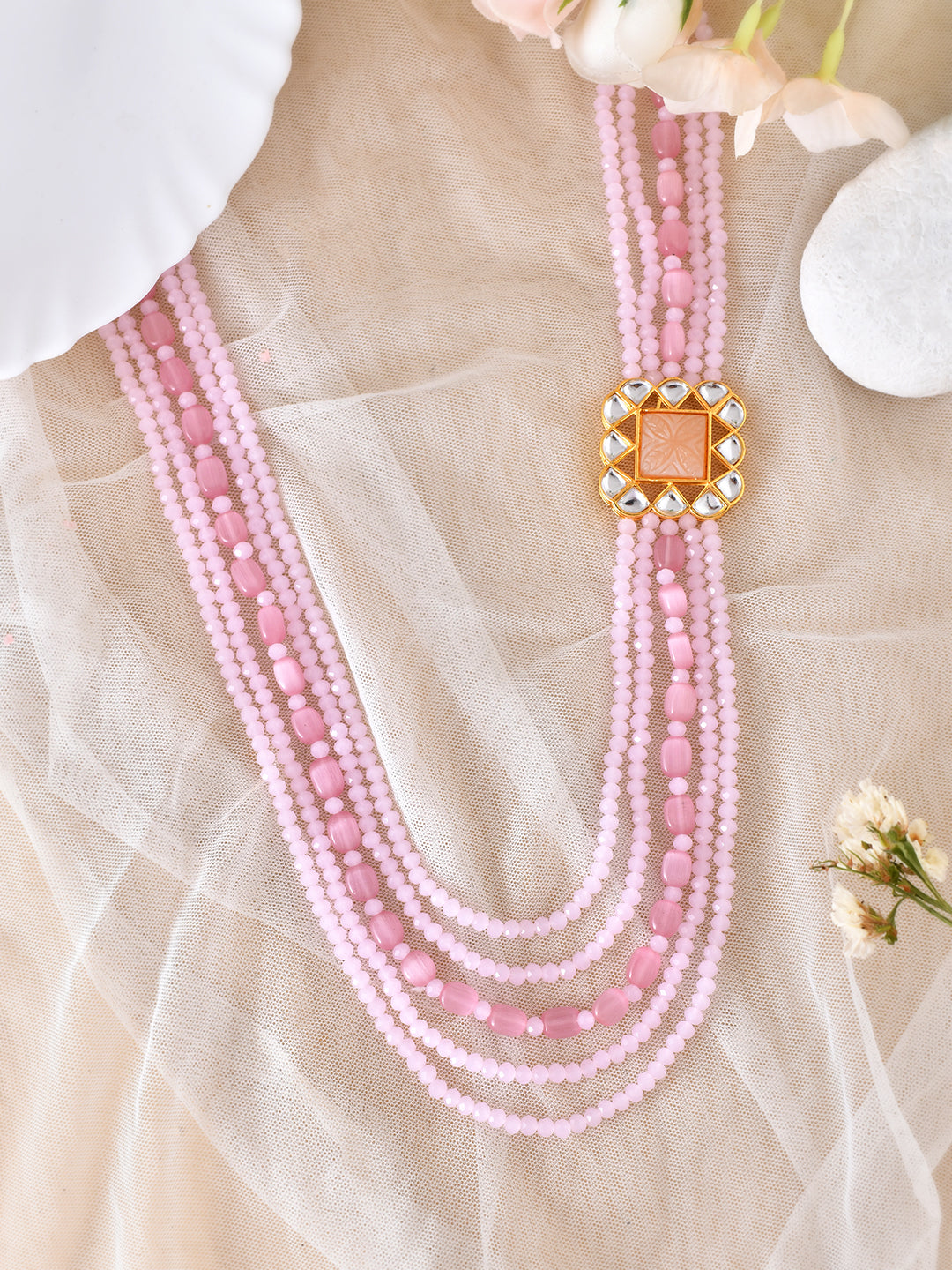 Pink Beaded Multi Layered Necklace Set For Women & Girls