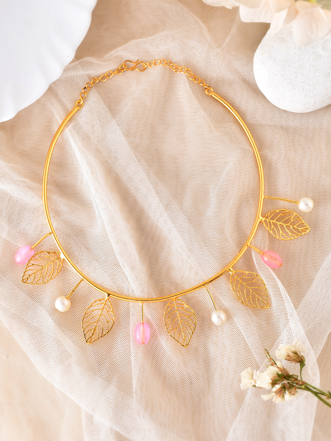 Gold Plated Leaf Choker Necklace With White Pearl And Pink Beads