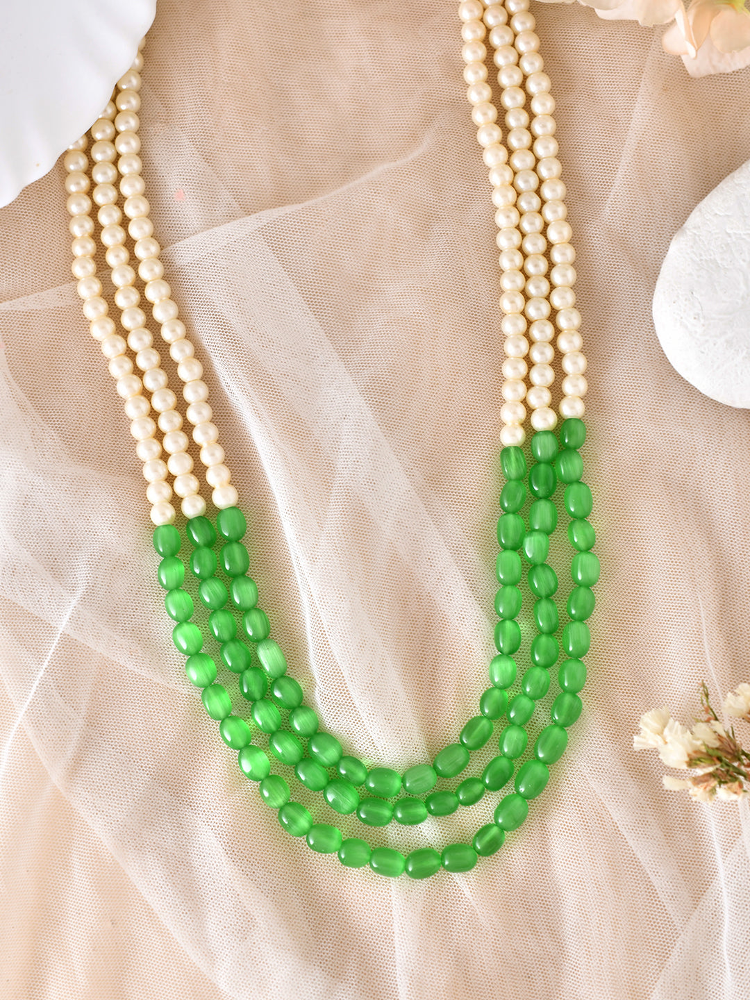 Multi Layered Pearl and Green Bead Necklace For Women & Girls