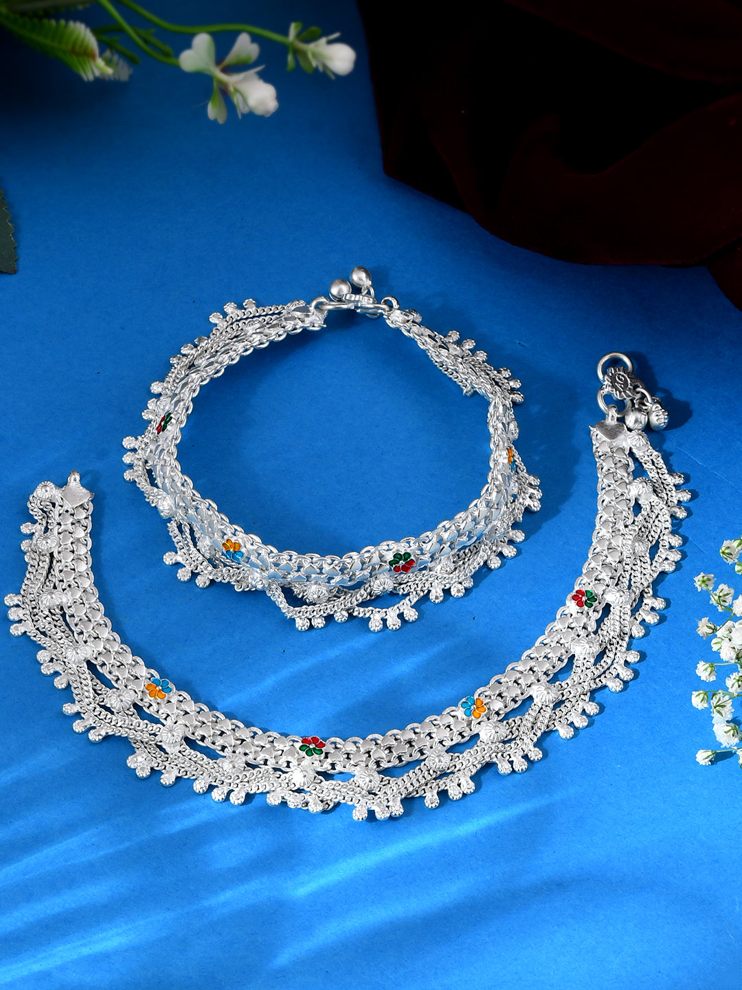 Traditional Silver-Plated Anklets For Women | Payal with Colorful Stones | Ethnic Foot Jewellery