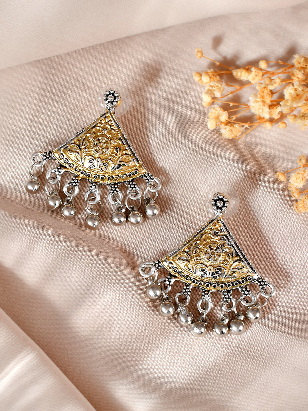 Oxidised Silver & Gold Dual-Tone Jhumka Earring | Boho Ethnic Dangler Earrings For Women