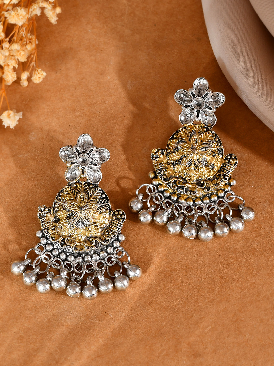 Oxidised Silver & Gold Dual-Tone Jhumka Earrings | Boho Ethnic Dangler Earrings For Women