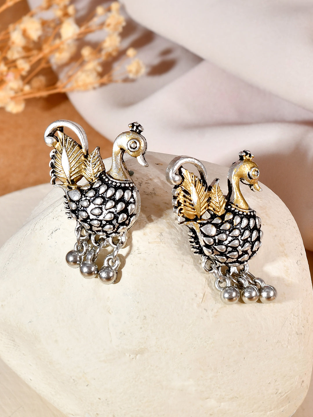 Oxidised Silver & Gold Dual-Tone Earrings | Boho Ethnic Dangler Earrings For Women