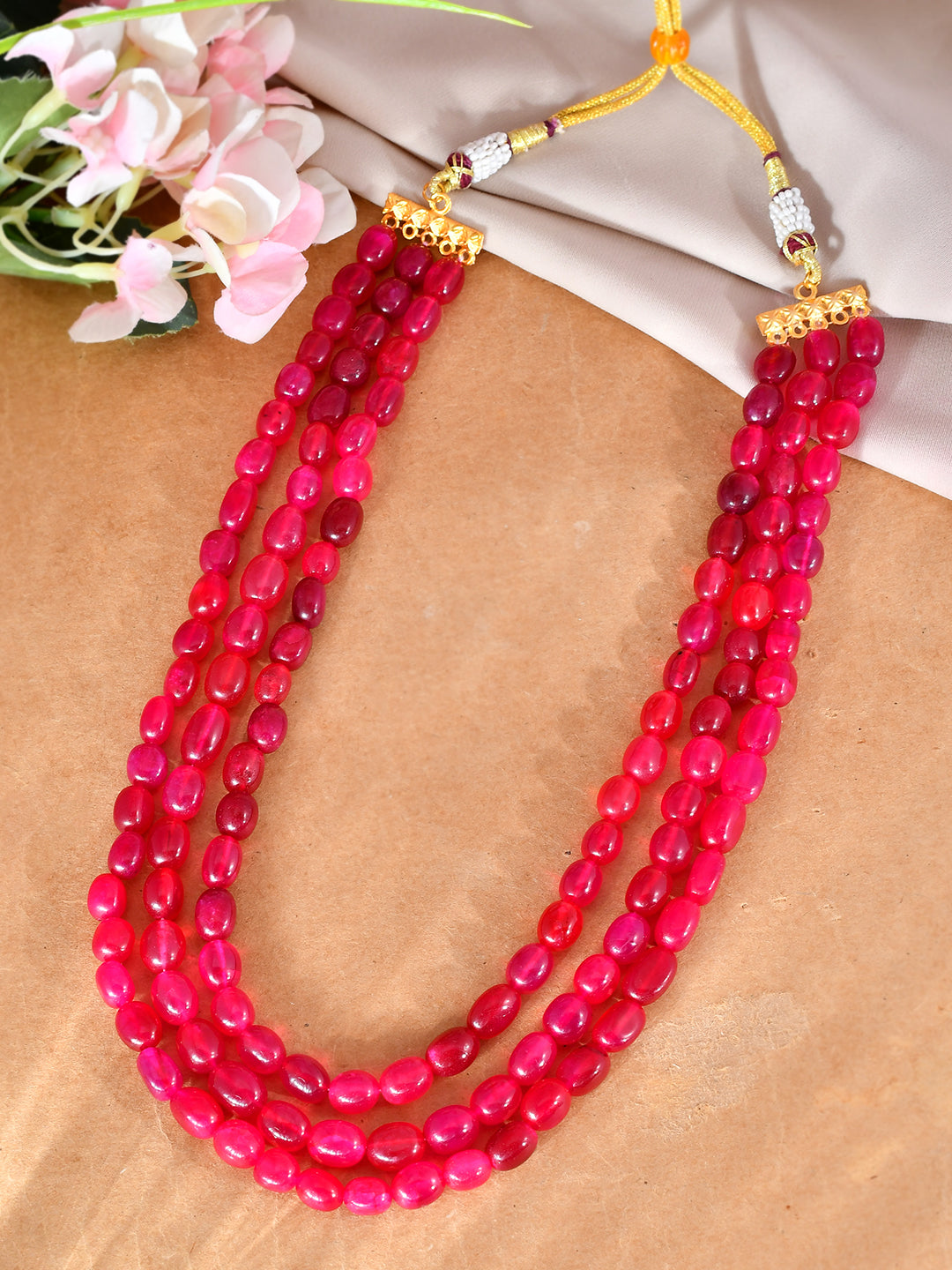 Handcrafted Pink Triple-Layer Bead Necklace | Classic Festive Wear Necklace For Women