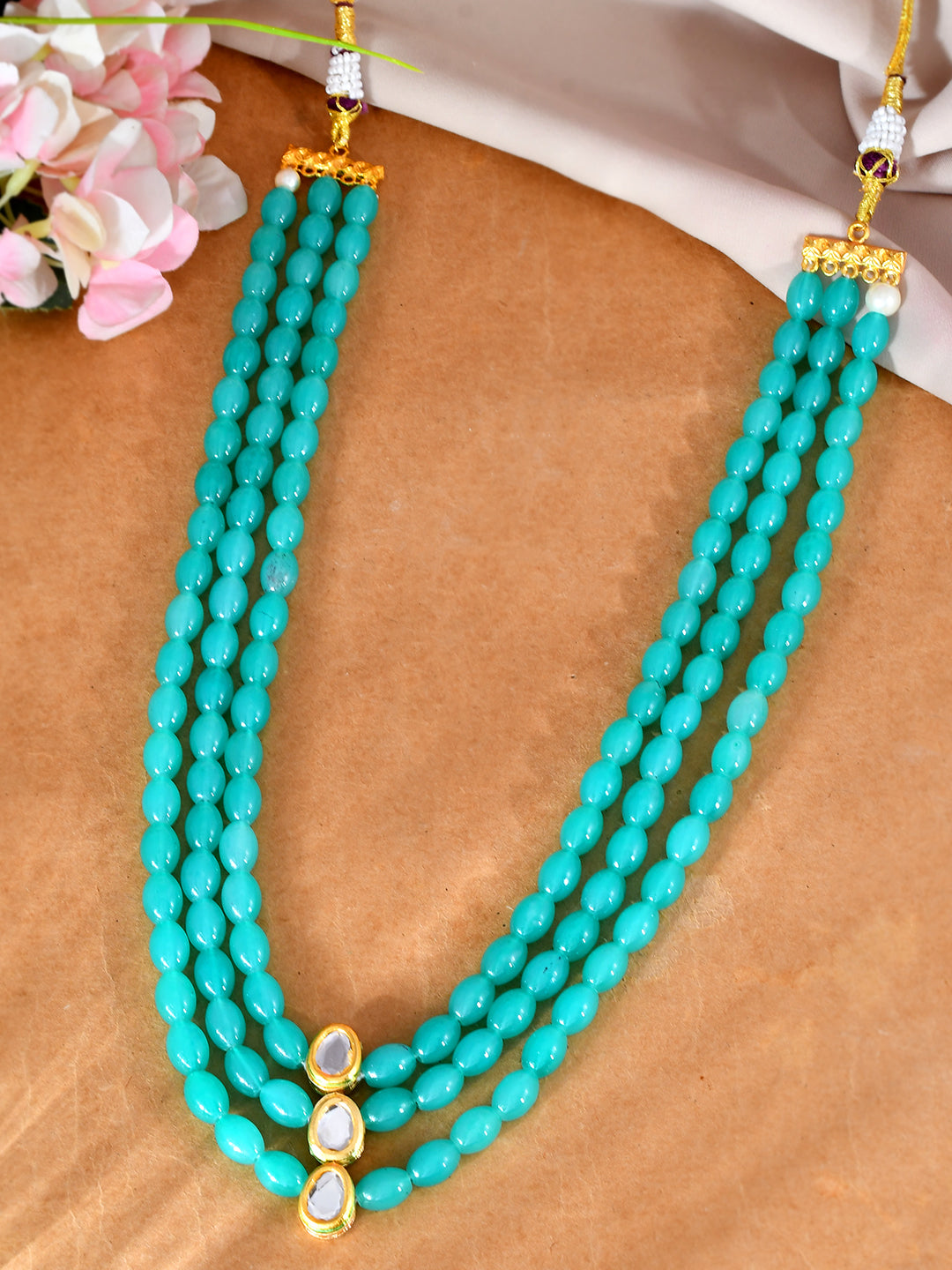Aqua Blue Triple-Strand Beaded Ethnic Necklace With Kundan Drops For Women