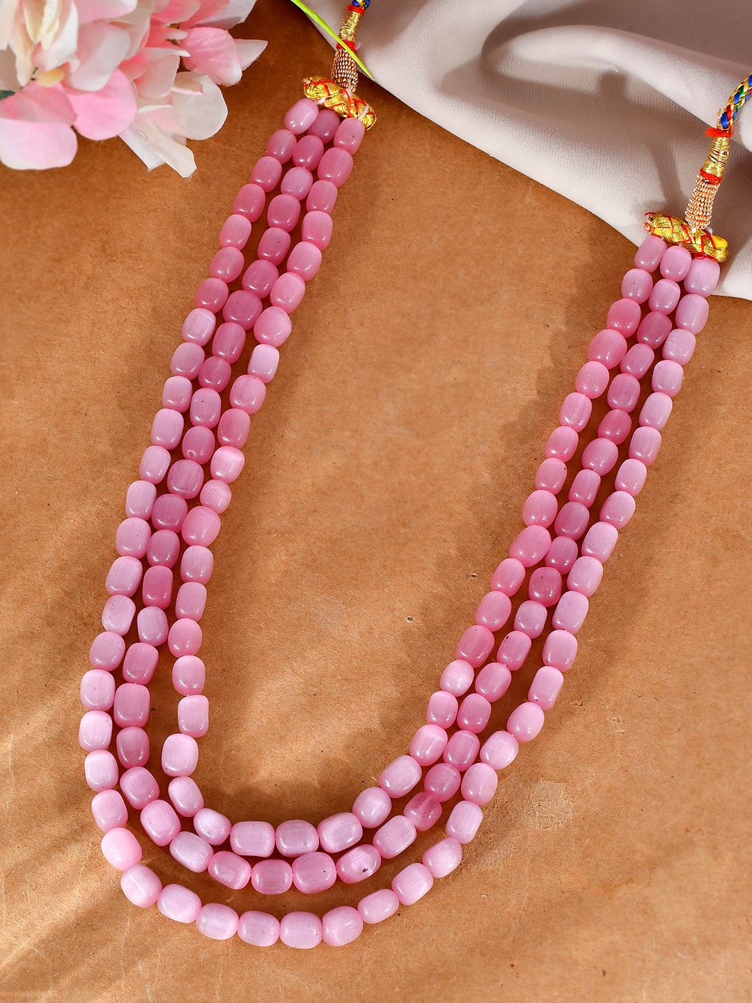 Handcrafted Pink Triple-Layer Bead Necklace | Classic Traditional Necklace For Women