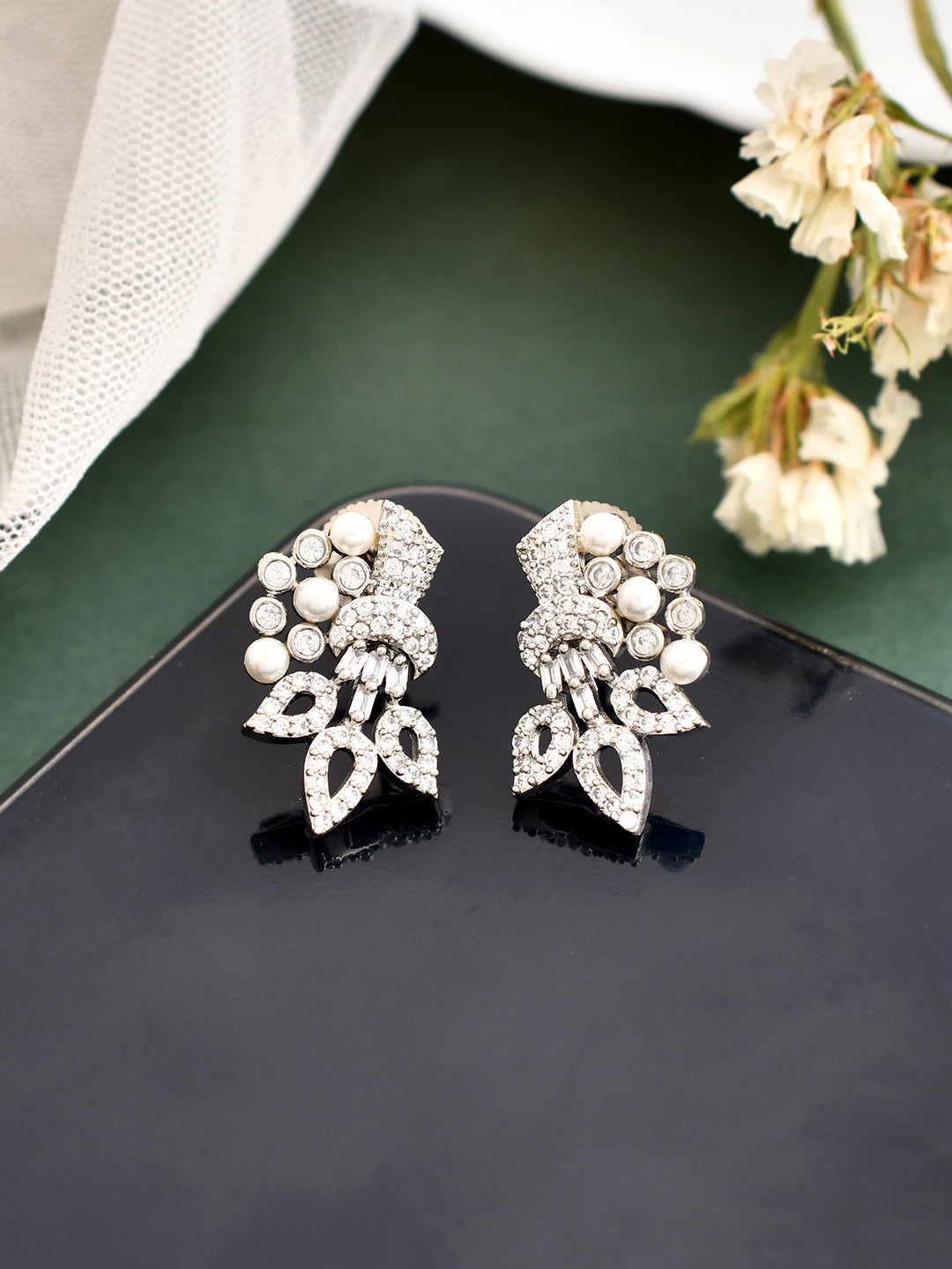 Elegant Diamond and Pearl Cluster Earrings