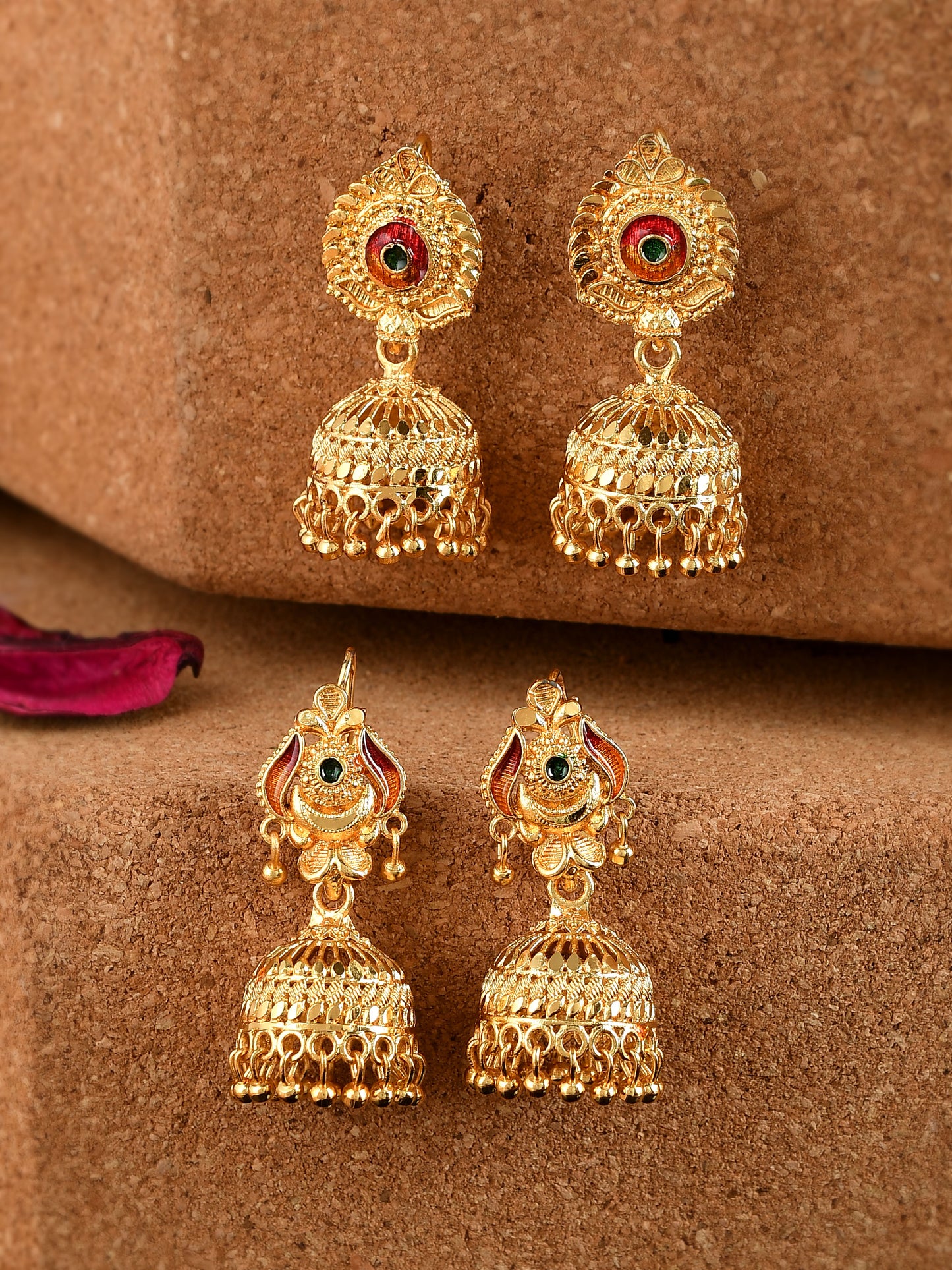 Set of 2 Gold Plated Handcrafted Meenakari Ethnic Temple Jhumka Earrings