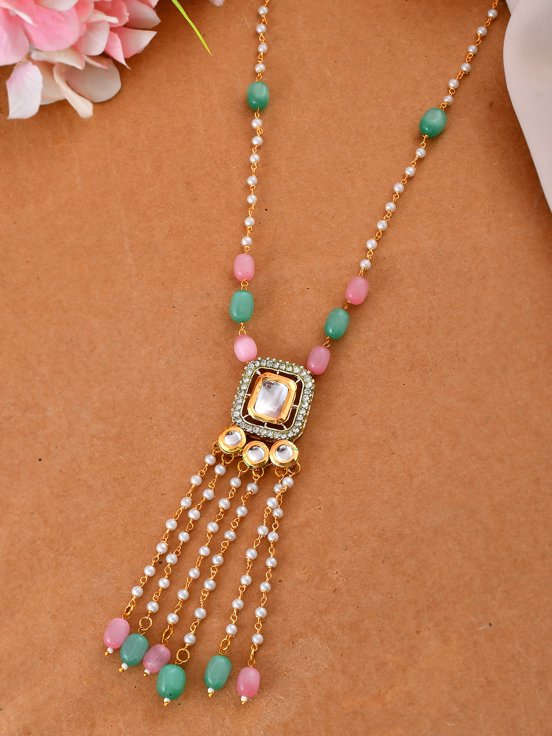 Ethnic Beaded Pearl  Necklace With Kundan For Women