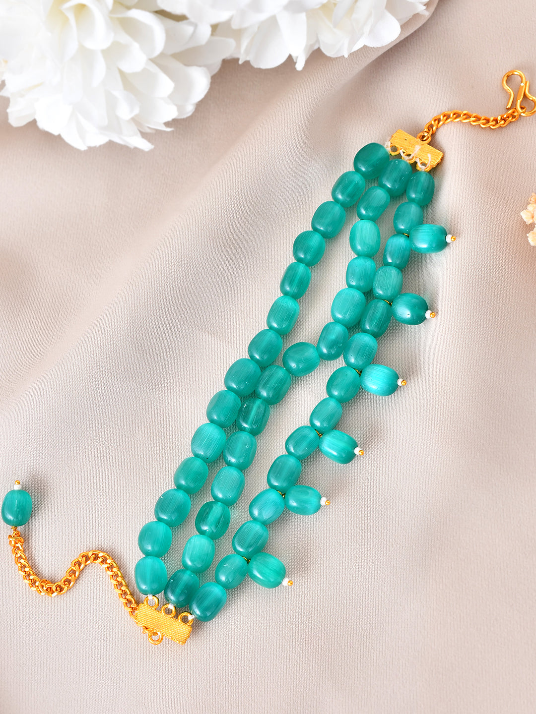 Triple Layer Green Beaded Bracelet For Women | Gold Plated Chain Bracelet