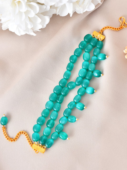Triple Layer Green Beaded Bracelet For Women | Gold Plated Chain Bracelet