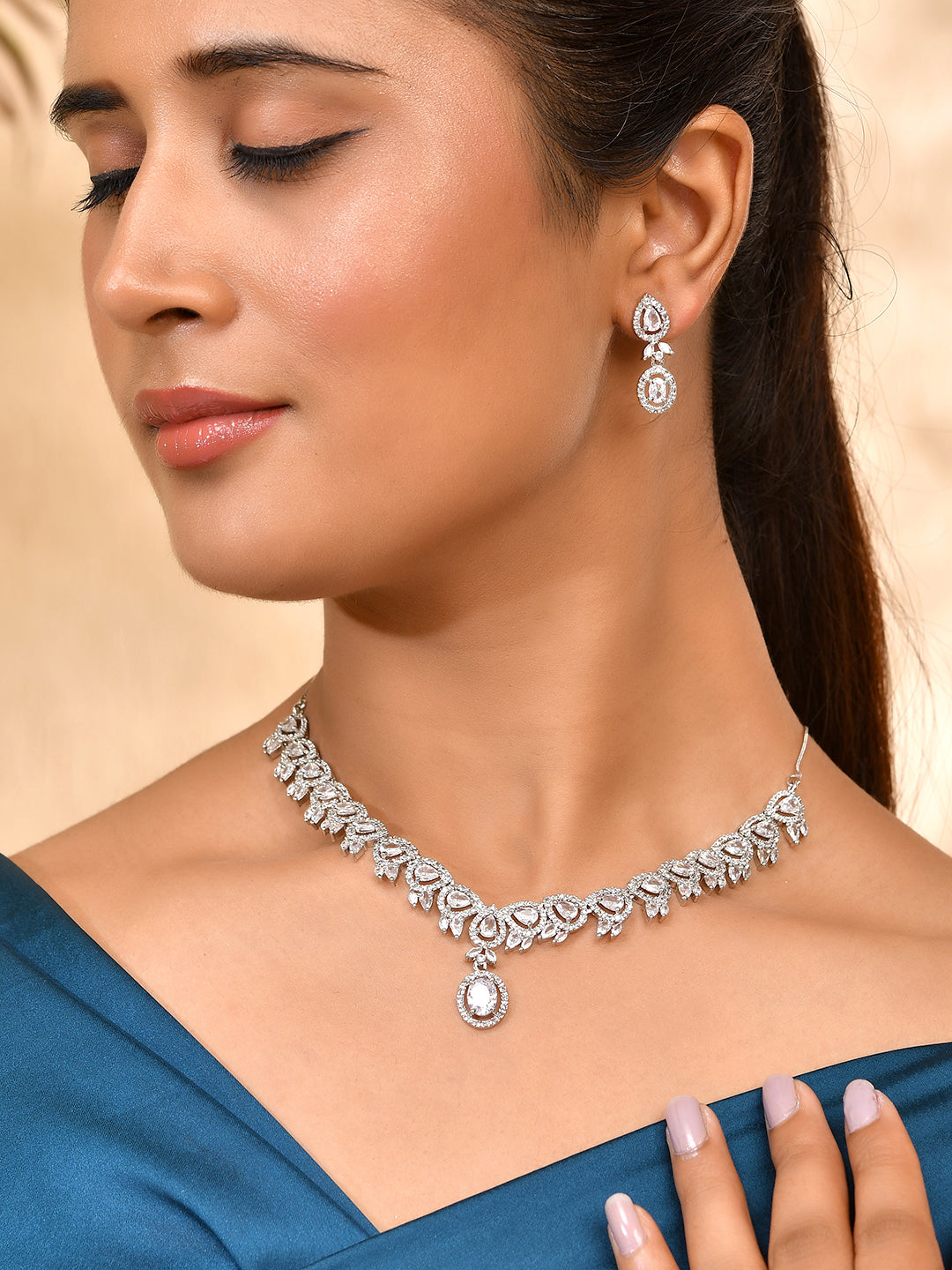 CZ Stone Necklace & Earrings Set For Women | Silver Plated Bridal Jewellery | Wedding & Party Wear