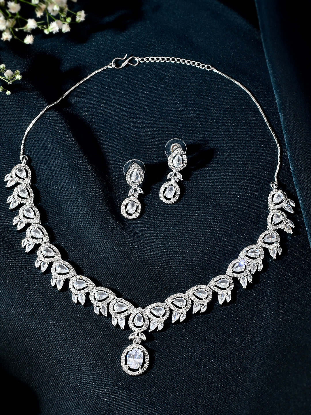 CZ Stone Necklace & Earrings Set For Women | Silver Plated Bridal Jewellery | Wedding & Party Wear