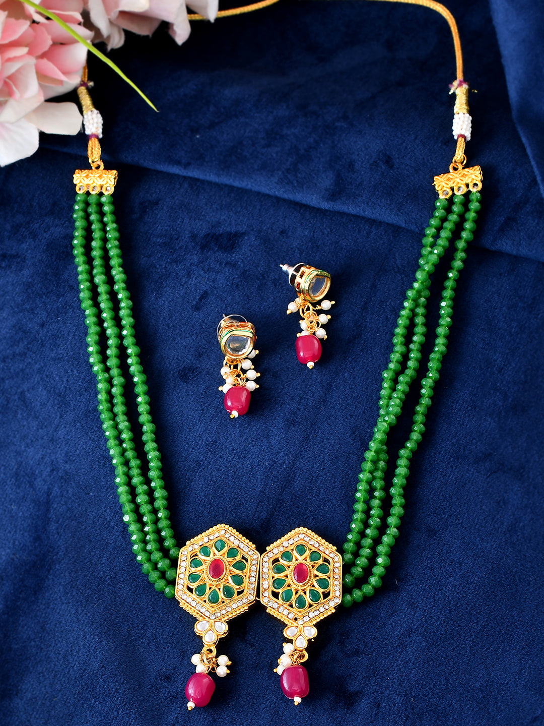 Gold-Plated Multi-Layer Green Bead Jewellery Set | Traditional Ethnic Bridal Set For Women