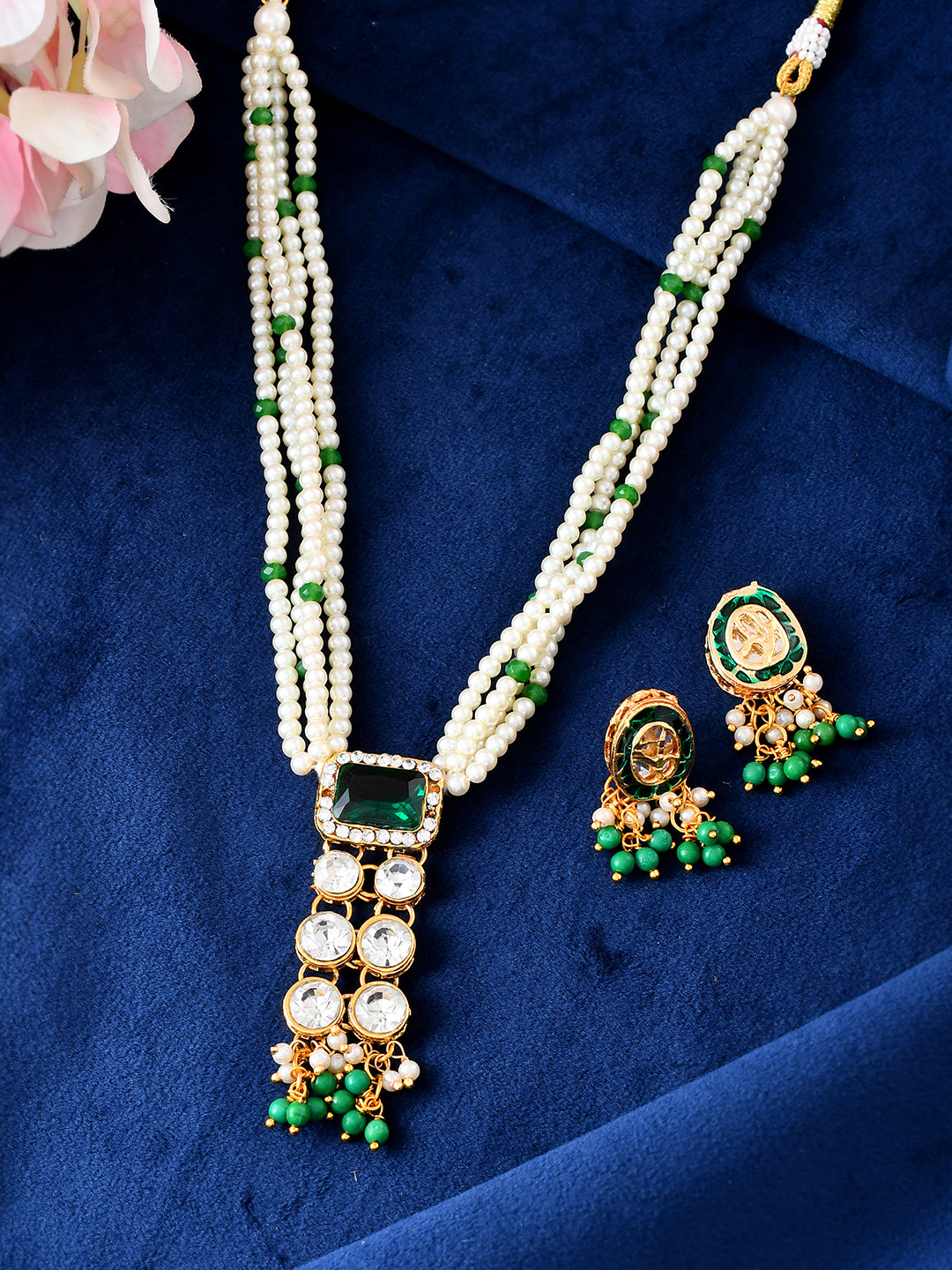 Classic Multi-Layer Pearl Necklace Set With Traditional Kundan Pendant Set For Women