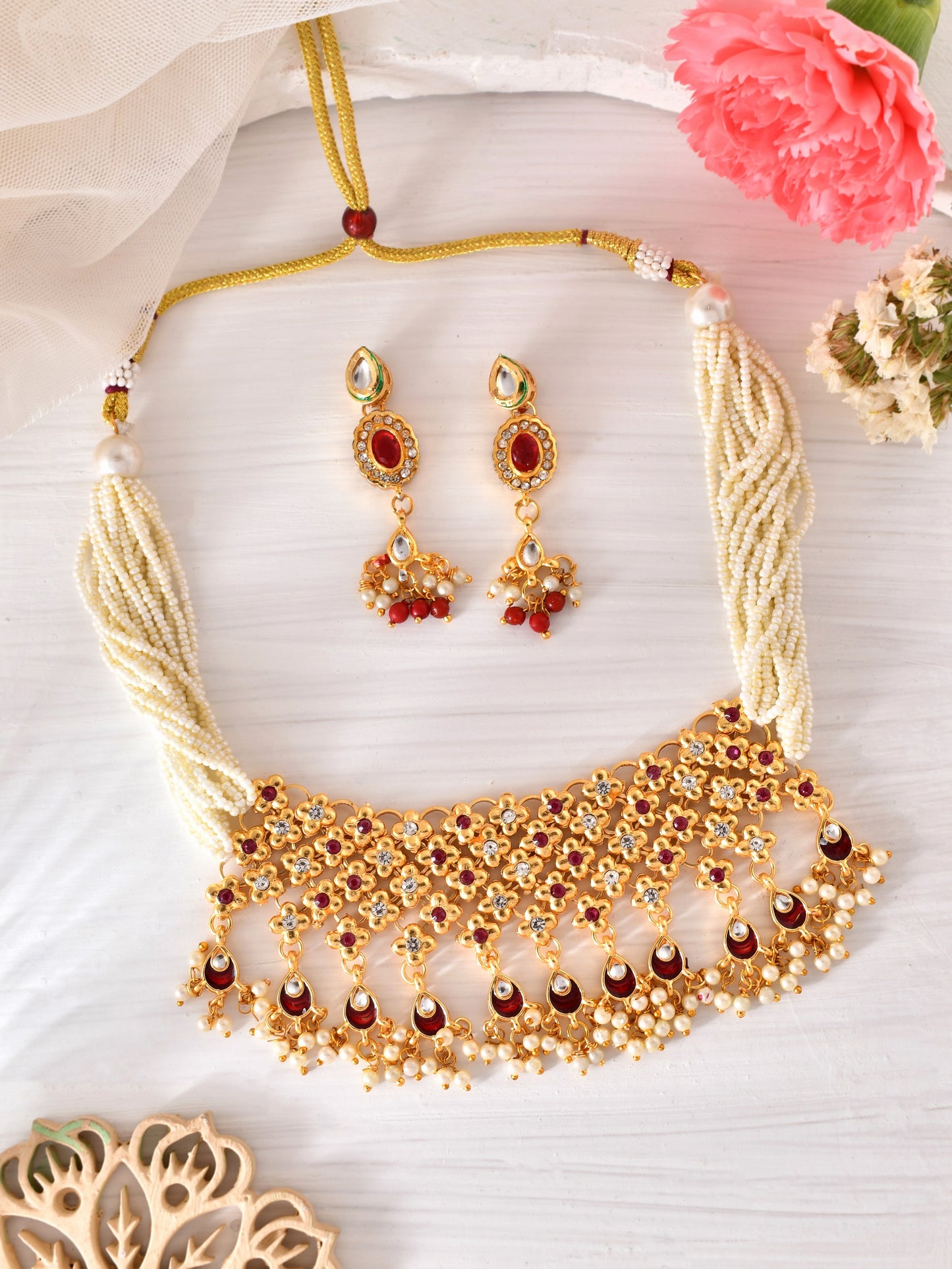 Gold-Plated kunden & White pearl Necklace and Earrings