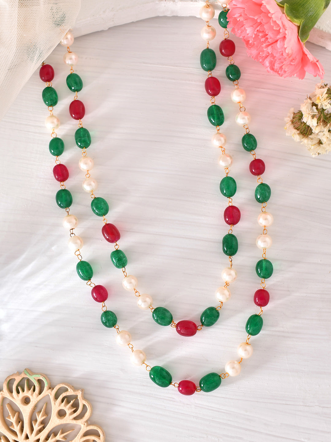 Gemstone Necklace Handcrafted with Green and Red Beads Paired with Lustrous Pearls For Women & Girls