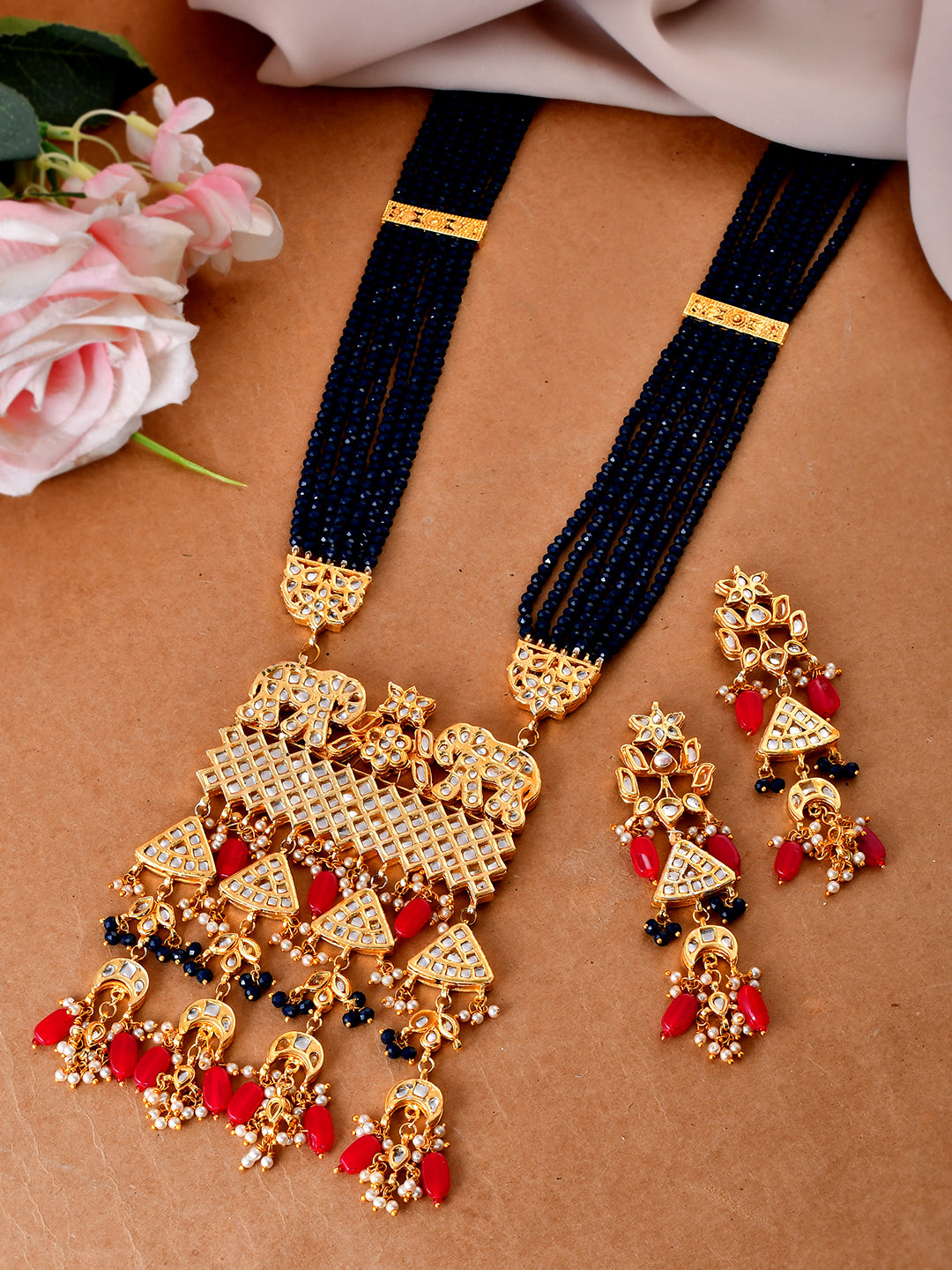 Long Blue Beaded Kundan Necklace Set For Women | Traditional Temple Jewellery