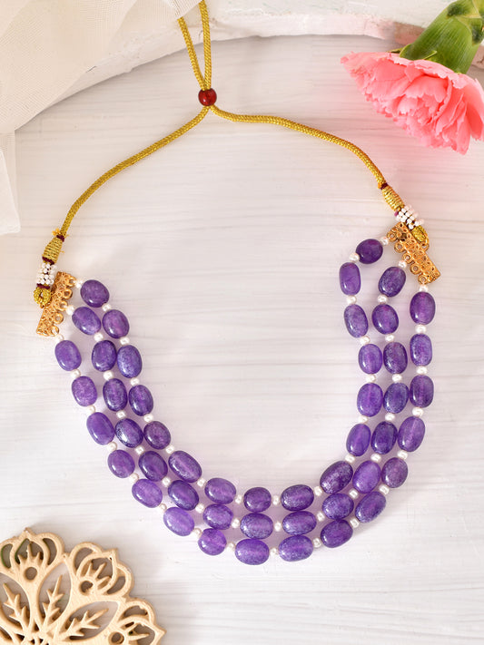 White pearl & purple Stone  Beaded Necklace With same Earring