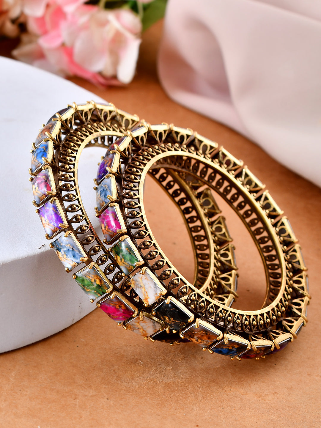 Antique Gold Multicolour Stone Bangle For Women & Girls | Traditional Ethnic Kada Set