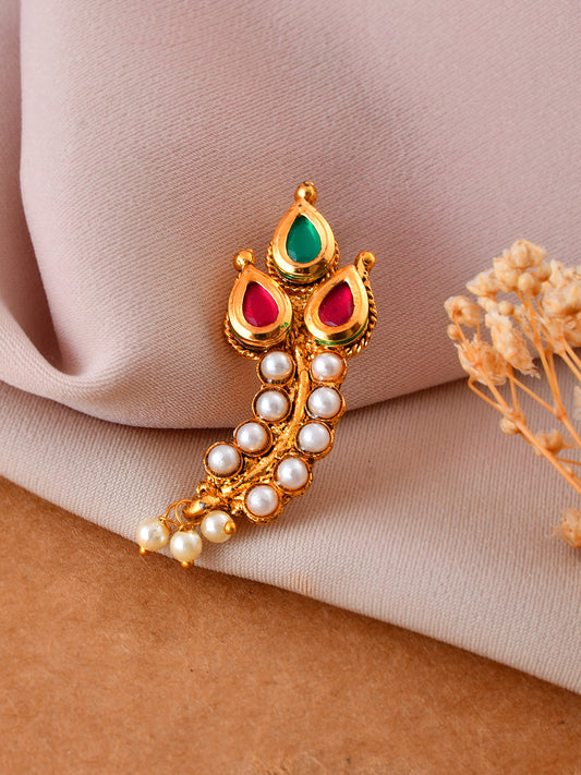 Traditional Gold-Plated Pearl & Multicolor Stone Nose Pin For Women | Ethnic Bridal Nath