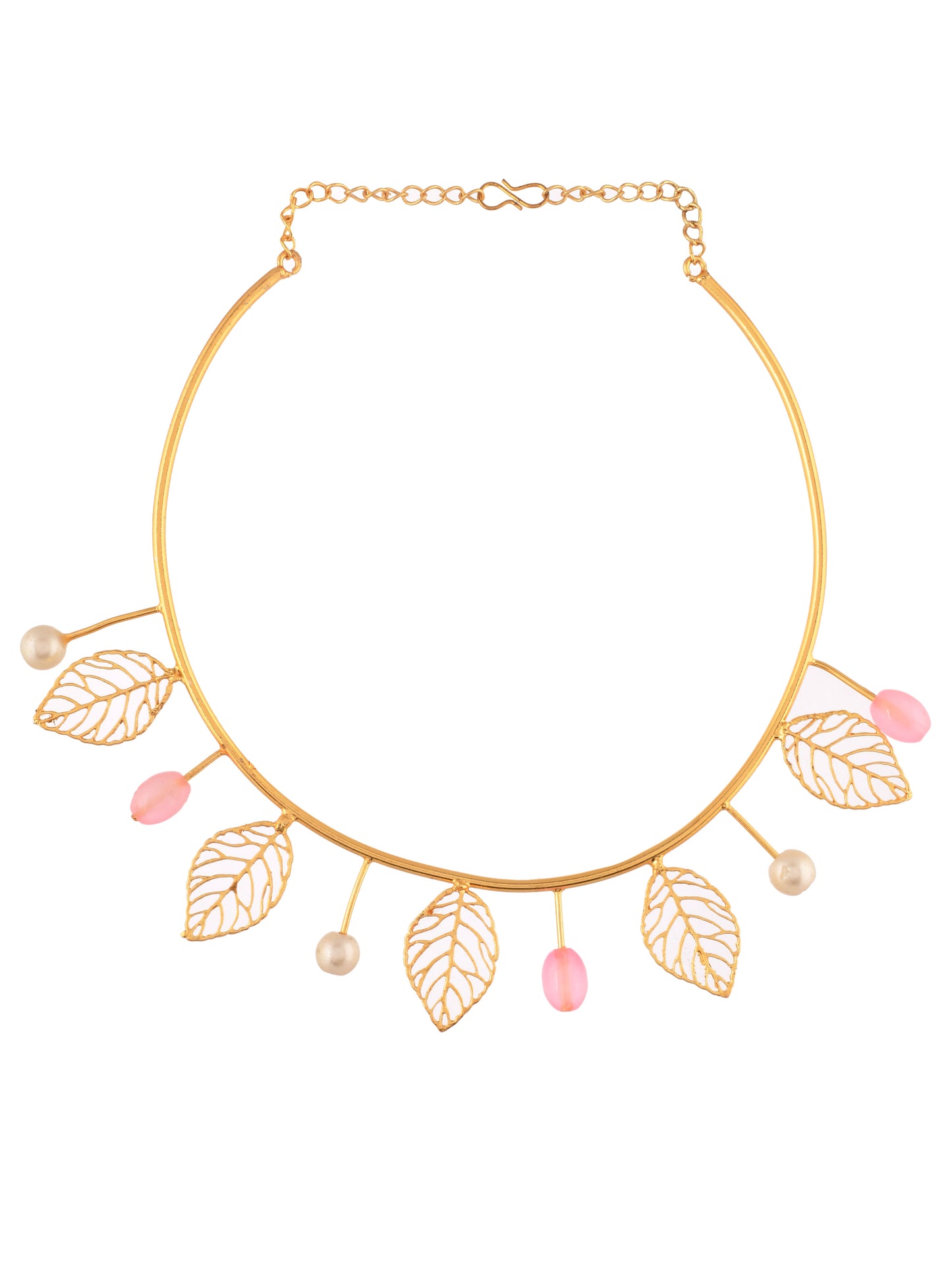 Gold Plated Leaf Choker Necklace With White Pearl And Pink Beads