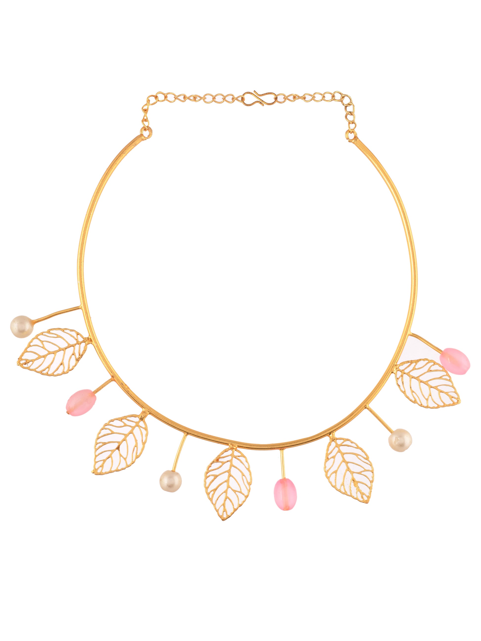 Gold Plated Leaf Choker Necklace With White Pearl And Pink Beads