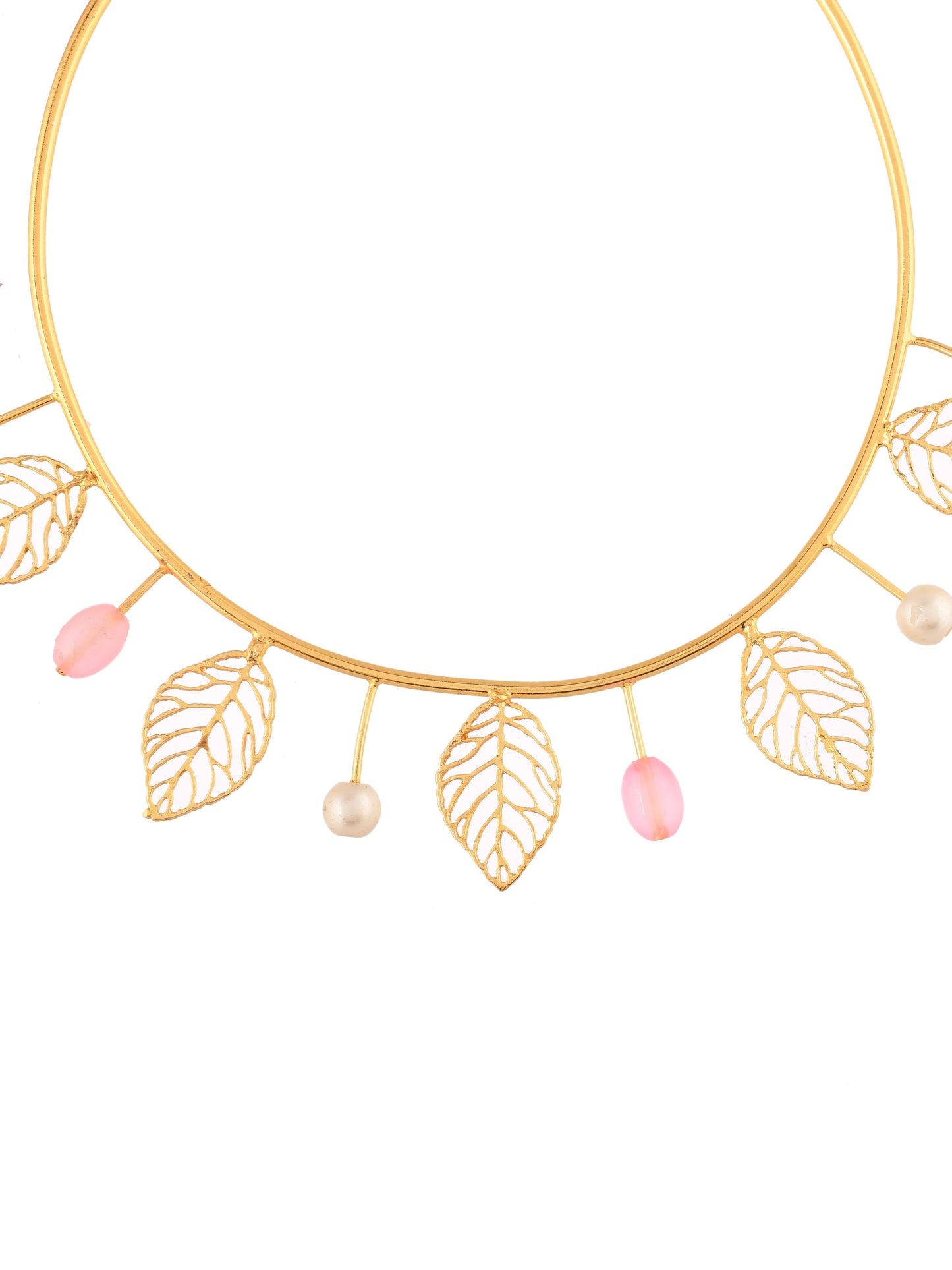 Gold Plated Leaf Choker Necklace With White Pearl And Pink Beads