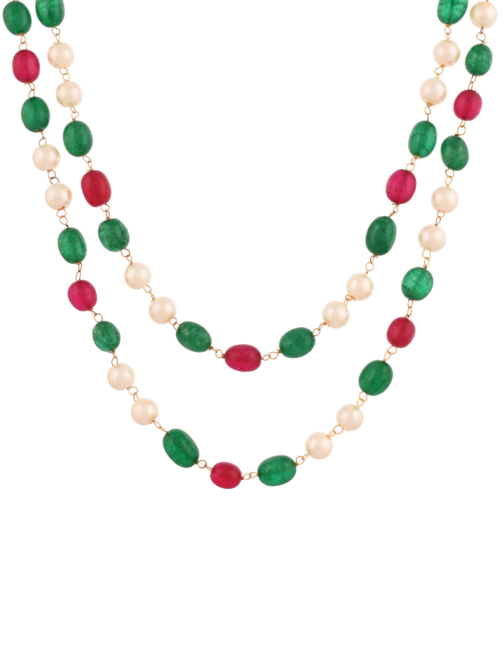 Gemstone Necklace Handcrafted with Green and Red Beads Paired with Lustrous Pearls For Women & Girls