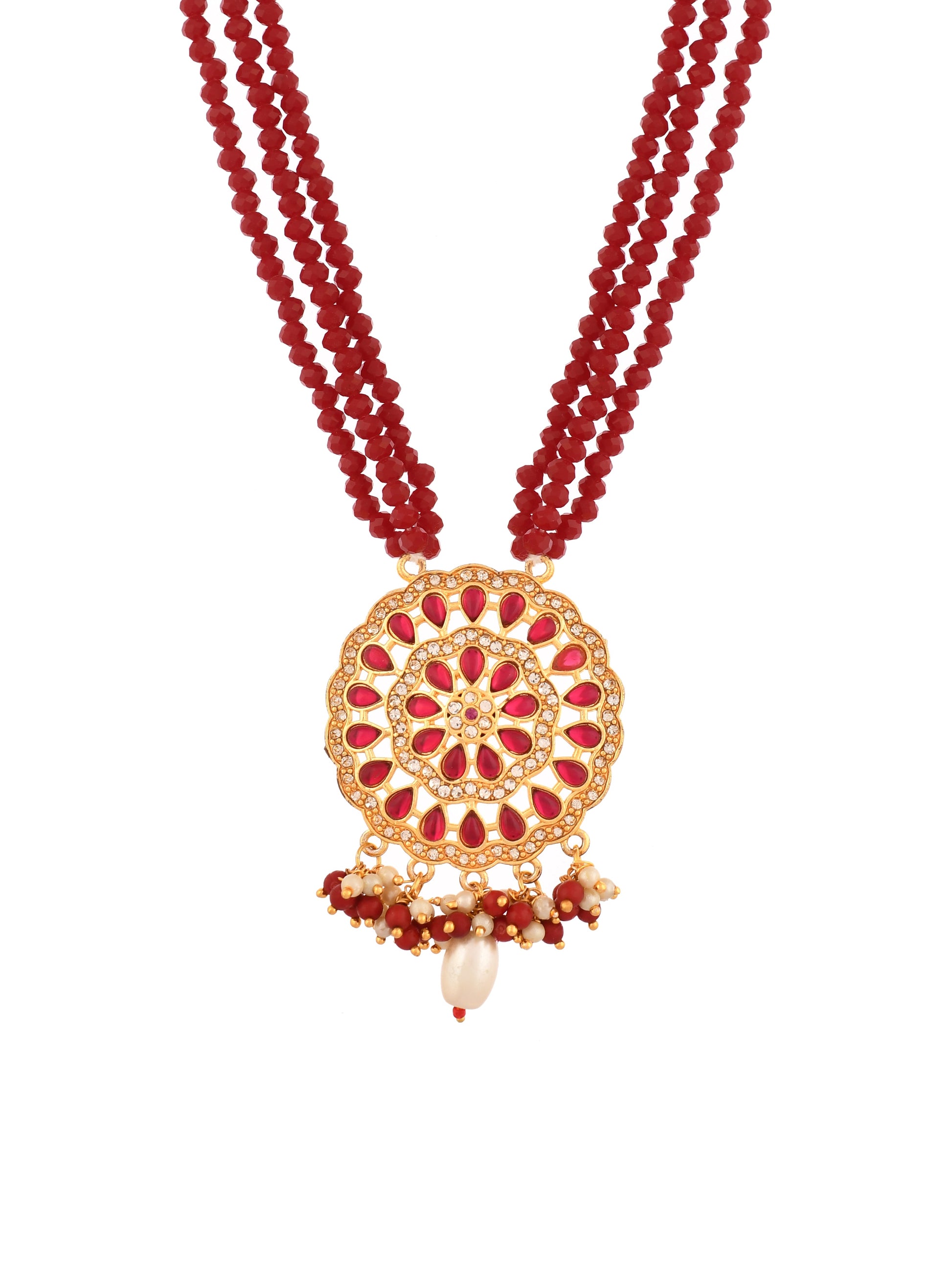 Multi Strand Red Beaded Necklace with Gold Plated Pendant For Women & girls