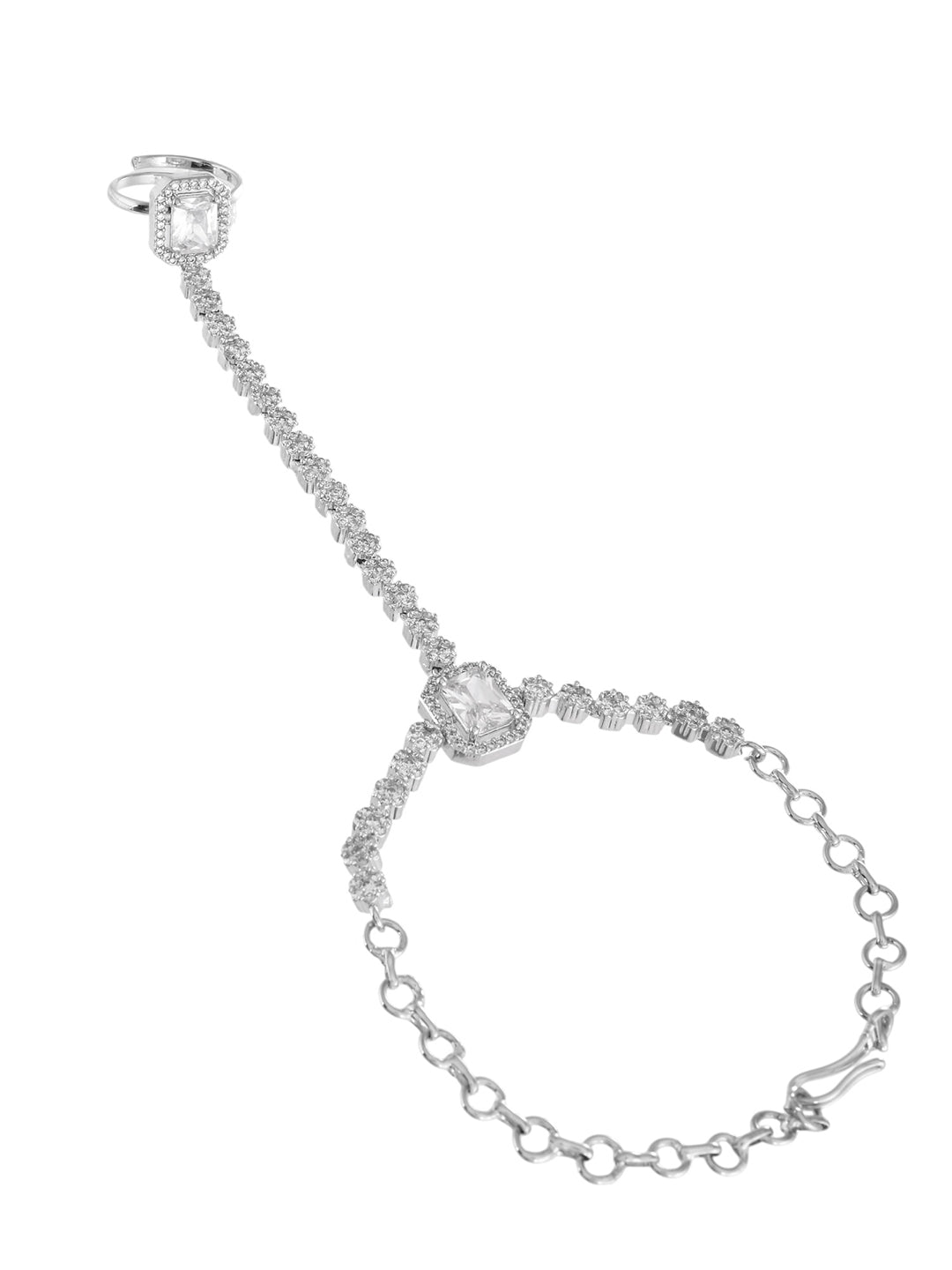 Silver-Plated American Diamond Bracelet Ring Haathphool For Women | Wedding & Party Wear Jewellery