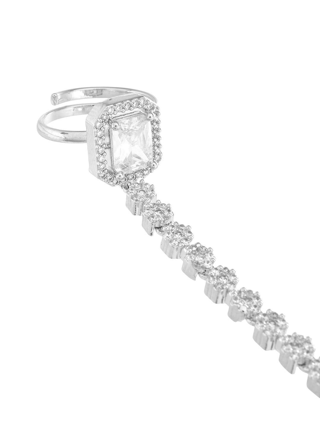 Silver-Plated American Diamond Bracelet Ring Haathphool For Women | Wedding & Party Wear Jewellery