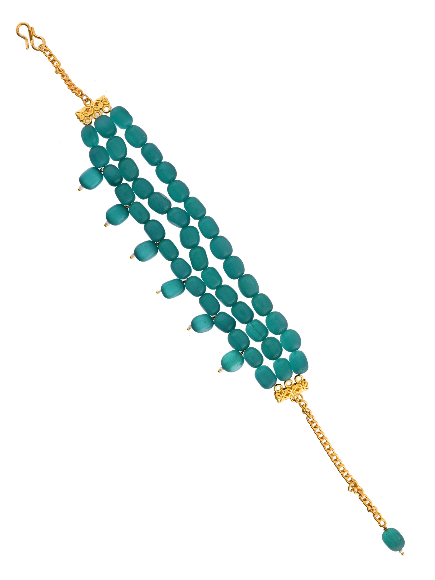 Triple Layer Green Beaded Bracelet For Women | Gold Plated Chain Bracelet