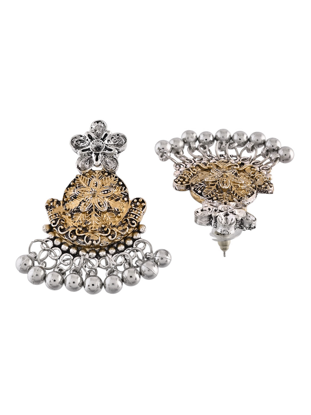 Oxidised Silver & Gold Dual-Tone Jhumka Earrings | Boho Ethnic Dangler Earrings For Women