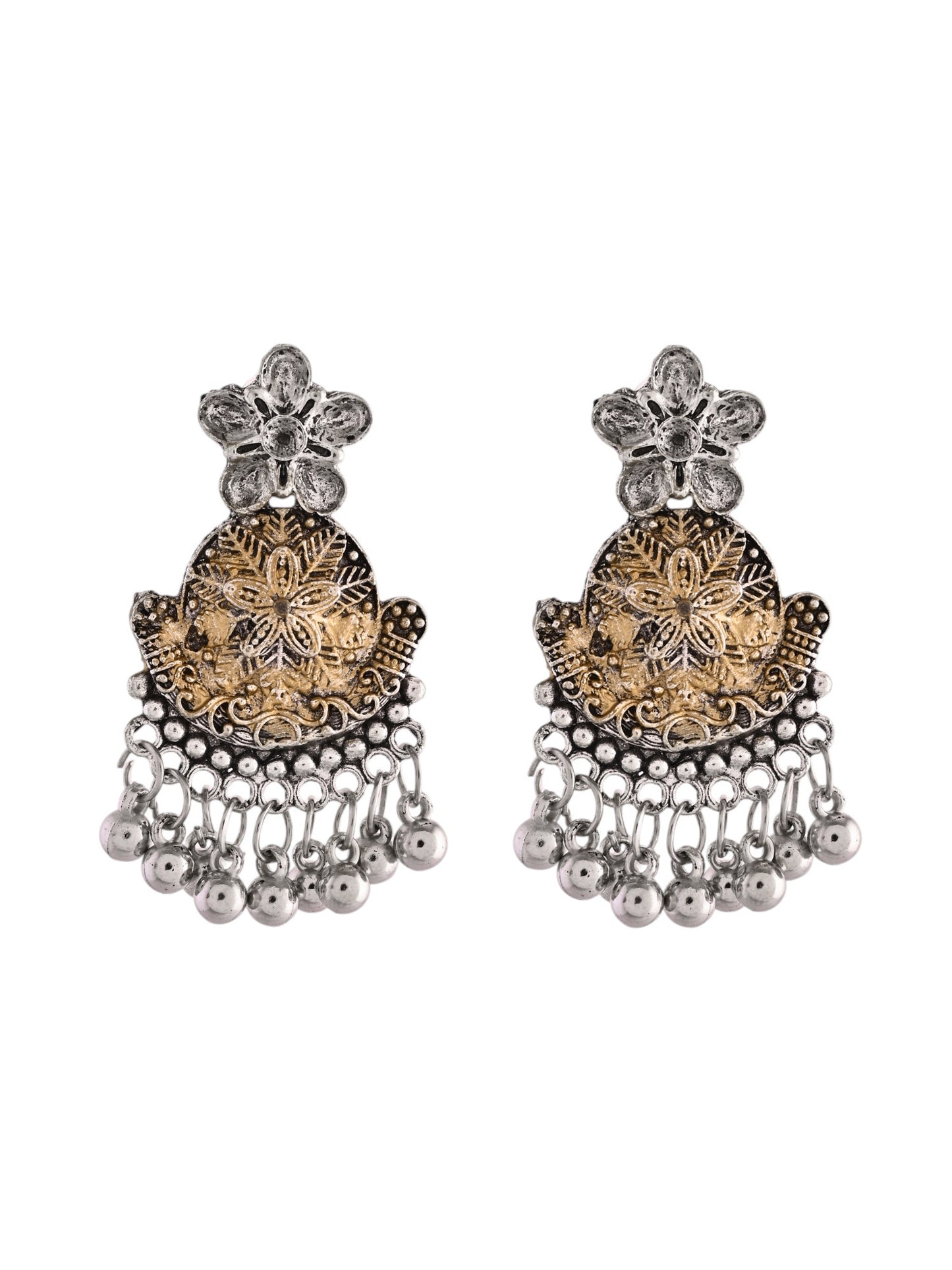Oxidised Silver & Gold Dual-Tone Jhumka Earrings | Boho Ethnic Dangler Earrings For Women